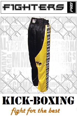FIGHTERS - Pantalones de Kickboxing / Satín / Negro-Amarillo / Large