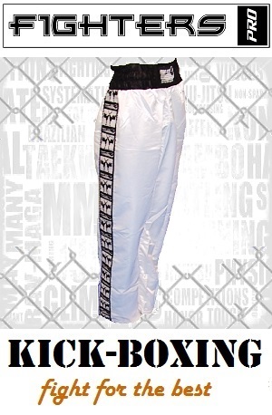 FIGHT-FIT - Pantaloni da Kickboxing / Raso / Bianco / Large