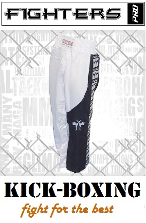 FIGHTERS - Pantaloni da Kickboxing / Raso / Bianco-Nero / XL